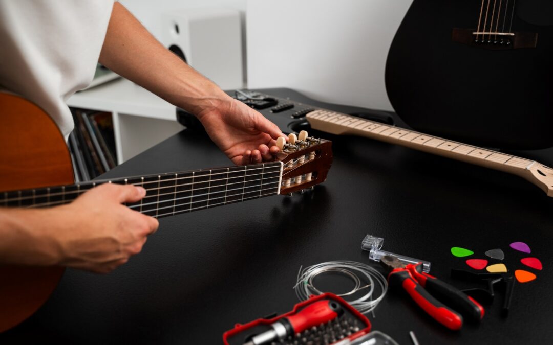 Guitar string replacement and tuning preparation. Musician tunes a guitar using tools and spare strings. Guitar tuning process includes adjusting pegs and preparing new strings for better sound.